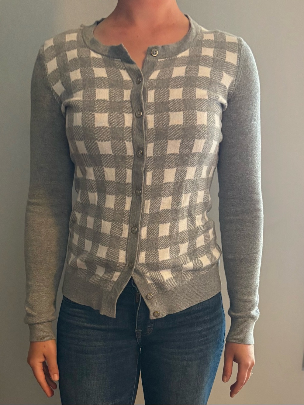 Tommy Hilfiger Gray and White Checkered Women’s Button-Up Cardigan